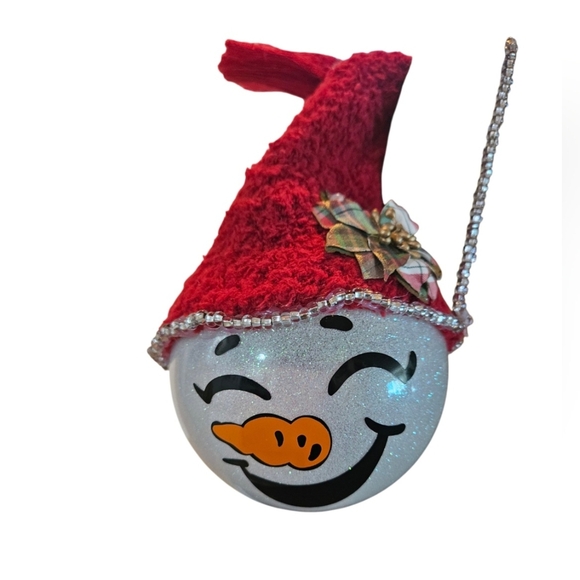 Handmade Glass Ornament Hand Painted Iridescent glitter Upcycled red sock hat - Picture 10 of 17